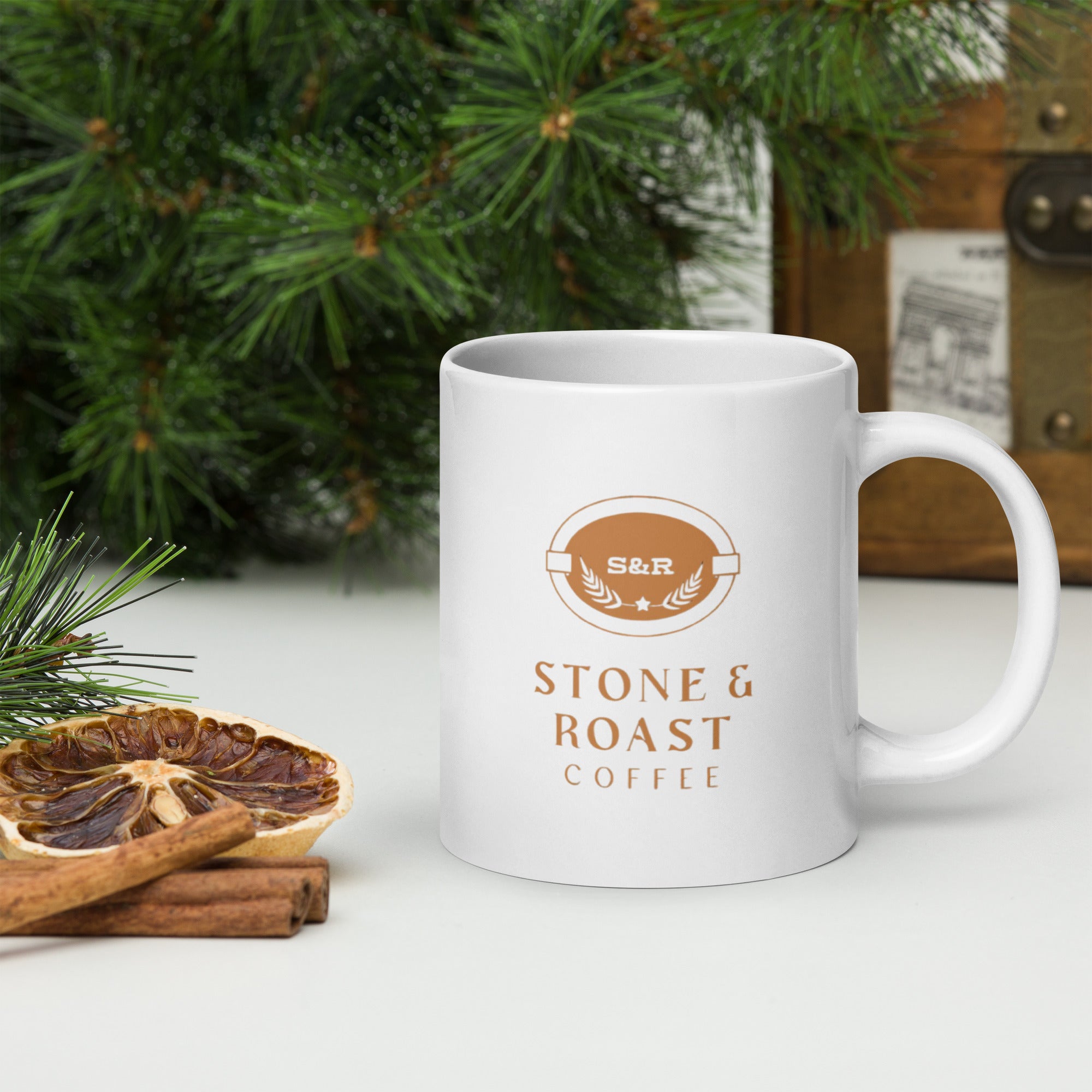 White glossy mug  Stone & Roast